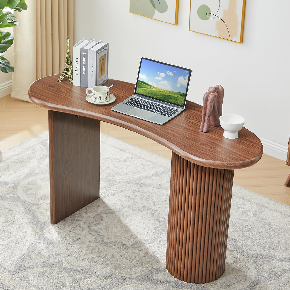 LEVNARY 54.3" Curved Small Computer Desk, Wooden Executive Desk with Sturdy Fluted Legs, Modern Luxury Corner Single Writing Vanity Desk for Bedroom Living Room Home Office (Walnut)