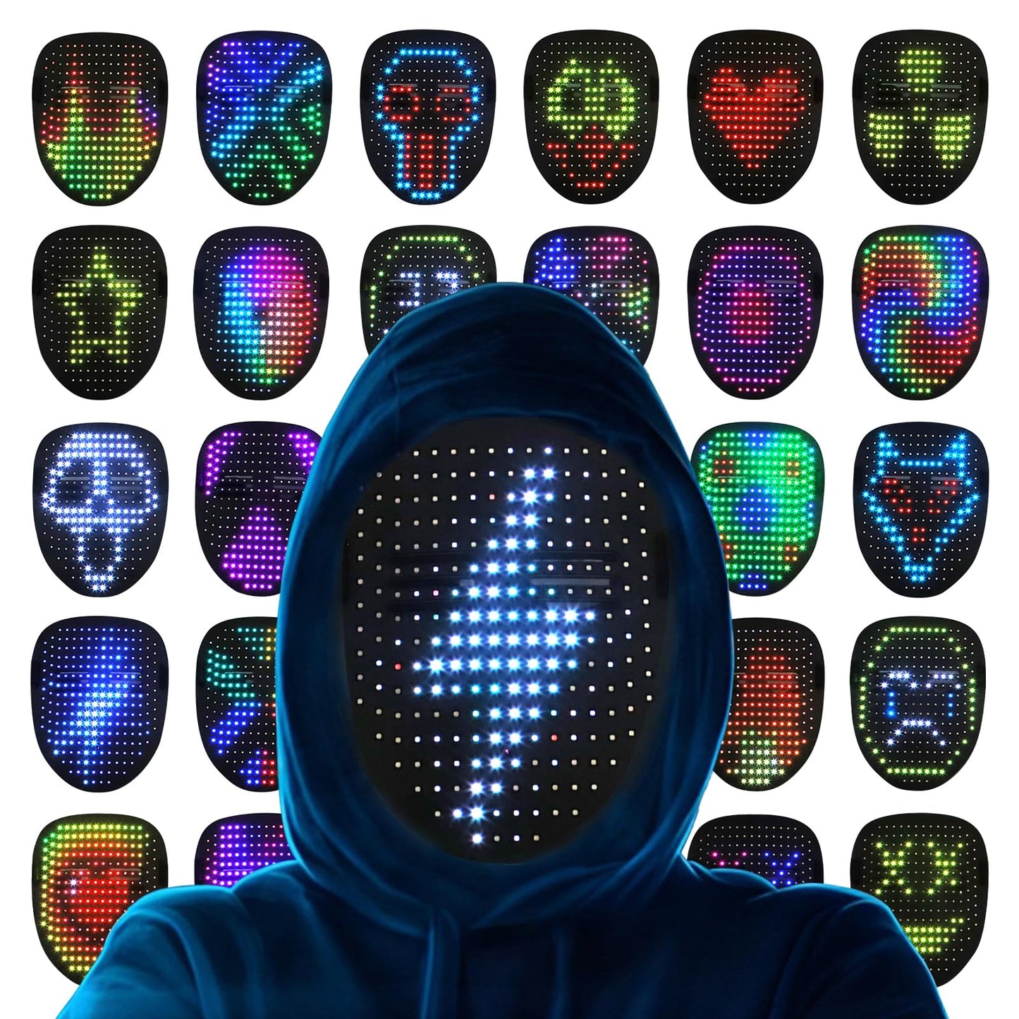 busutu LED Face Mask with Gesture Control & RGB Full Color Static & Dynamic Animation Display Modes - Rechargeable Light Up Mask for Halloween Cosplay, Costume Parties, Masquerade Events