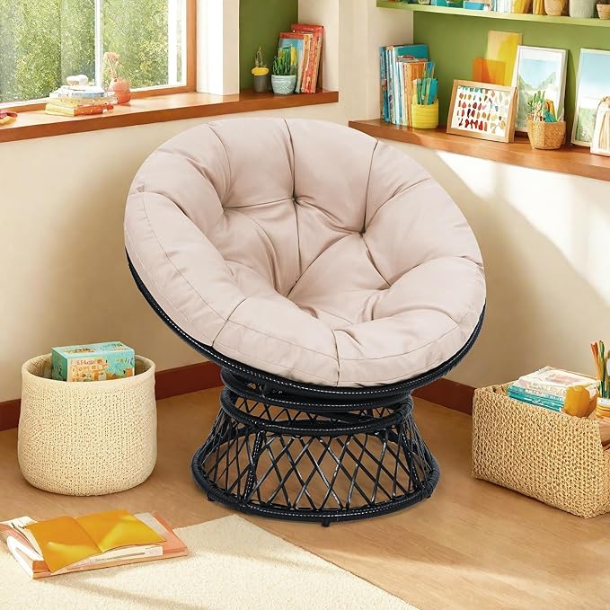 40" Ergonomic Wicker Papasan Chair, 360° Swivel Indoor Outdoor Rattan Chair with Soft Thick Cushion, Ideal for Living Room, Bedroom, Reading Room, Black Frame with Beige Cushion