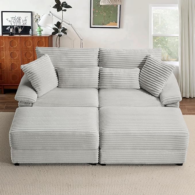 SUNWAVE 74" W Double Chaise Lounge Chair Indoor, Oversized Loveseat with Storage Ottoman, Corduroy Couch with USB Charging, Removable Ottoman, and Coffee Table Cushions for Living Room, Apartment