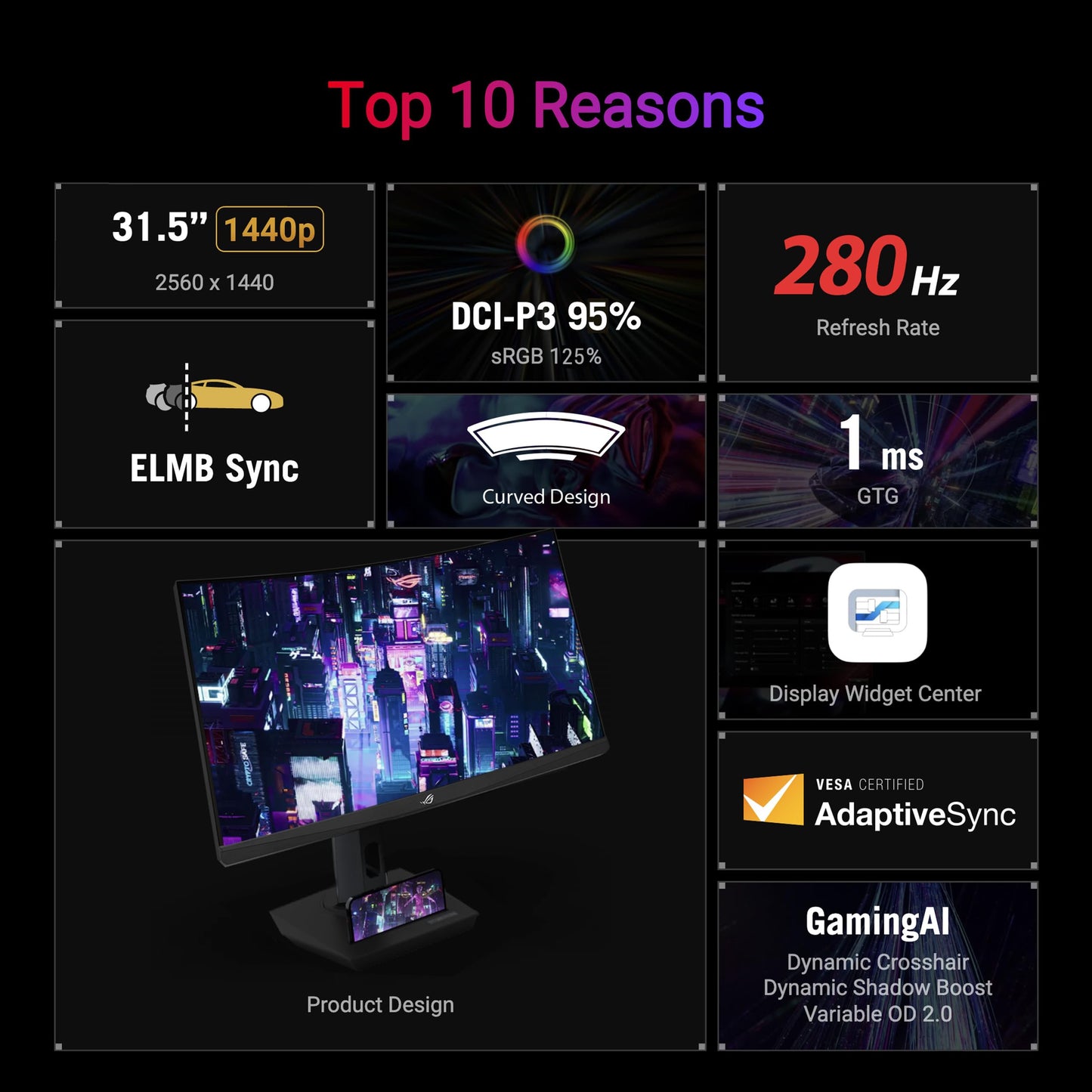 ASUS ROG Strix 32” 1440P USB-C Curved HDR400 Gaming Monitor (XG32WCMS) - QHD (2560x1440), 280Hz, 1ms, Fast VA, Extreme Low Motion Blur Sync, DisplayWidget, Tripod Socket, AI Gaming, 3 yr Warranty