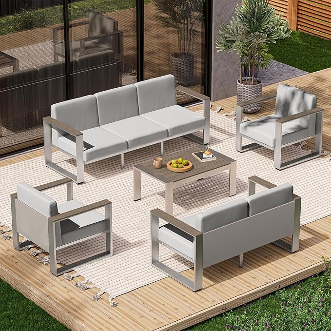 ComfCove Outdoor Patio Furniture Set, 7 Seats Outdoor Patio Conversation Sets with Ergonomic Seat and Wide Washable Thick Cushions, Modern Patio Sectional Furniture for Balcony, Porch (Gray)