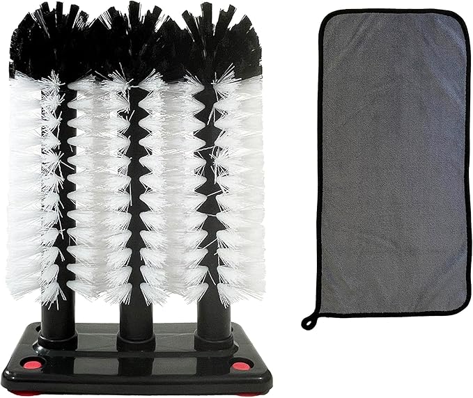 Water Bottle Cleaning Brush - 3 Brush Bar Glass Cleaner - Brushes for Large Cups Glasses and Bottles - Suction Cups for Stable Grip on Sink, Bar and Kitchen Top - Includes Cleaning Cloth