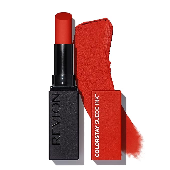 Revlon Lipstick, ColorStay Suede Ink, Built-in Primer, Stocking Stuffer for Women, Waterproof, Smudge-proof, Matte Color, 014 Spit Fire, 0.09 oz
