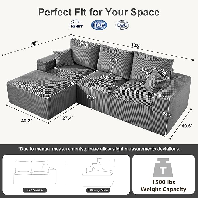 108" Modular Sectional Sofa, Compression Sofa with Deep Seat, Modular L-Shape Couch with Chaise, Upholstered Couches for Living Room Bedroom, No Assembly Required (Grey Corduroy, 108" L Shape)