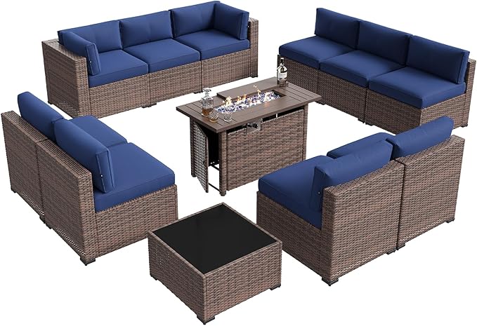 Aoxun Patio Furniture Sets, 12-Piece Outdoor Patio Furniture with 44'' Propane Gas Firepit Table, Wicker Outdoor Conversation Set Sectional Sofa for Backyard, Poolside, Garden