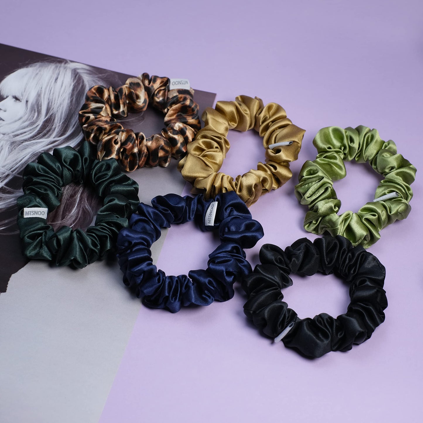 MTSNOO Silk Scrunchies, 100% Pure 22 Momme Mulberry, 6 Count, for Hair Sleep, with Elastic Band, Mini Silk Curly Hair Scrunchies