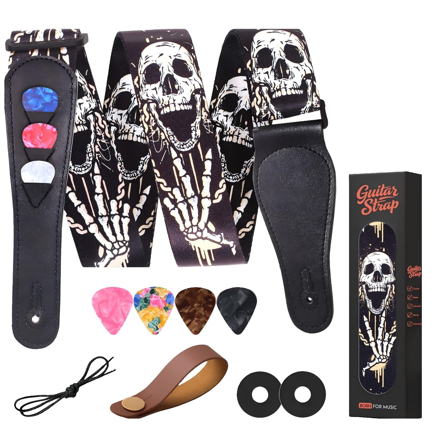 Aarvi Guitar Strap Set For Bass/Electric/Acoustic Guitars - 41-67 Cotton With Leather Ends, 2 Strap Locks + 4 Picks Included, Du