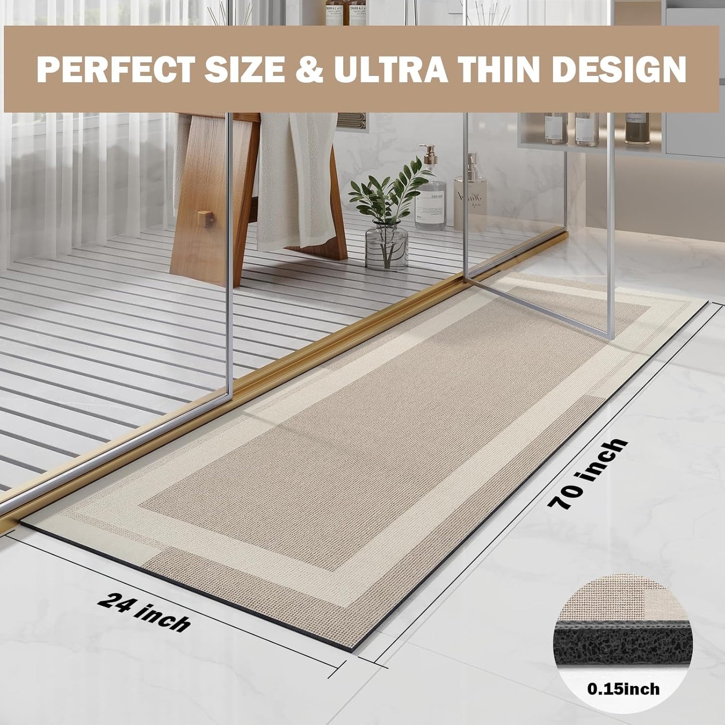 Extra Long Non Slip Bathroom Runner Bath Mat, Rubber Backing Ultra Thin Bath Rug Fit Under Door Quick Dry Super Absorbent Washable Shower Mat for Bathroom Floor Bathtub Sink, Beige 24"x70"