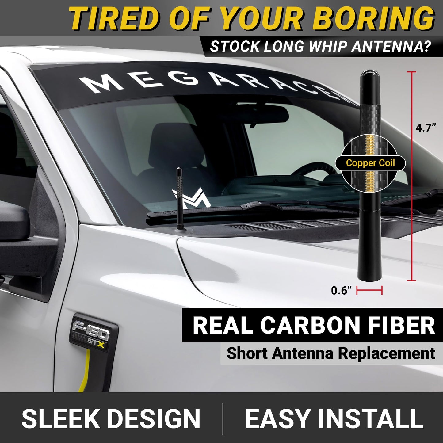 Carbon Fiber Truck Antenna | Compatible With F150 (Year 2009-2025) | Ram 1500 (2009-2024) | Short Car Audio & Video Antennas | S