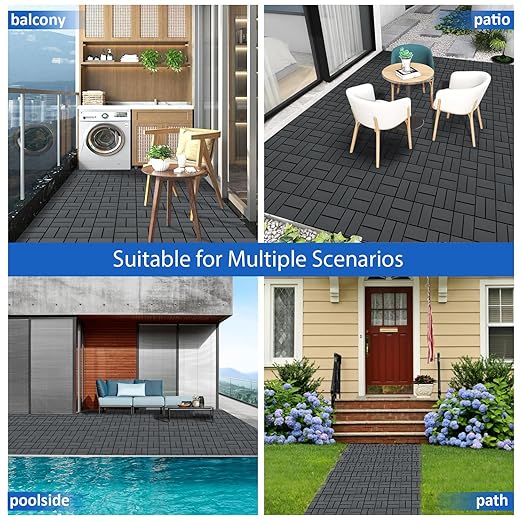 36 PCS 12x12 Inch Interlocking Deck Tiles - Waterproof All-Weather Outdoor Patio Flooring for Pool, Balcony, Backyard, Porch & Garden, Dark Grey