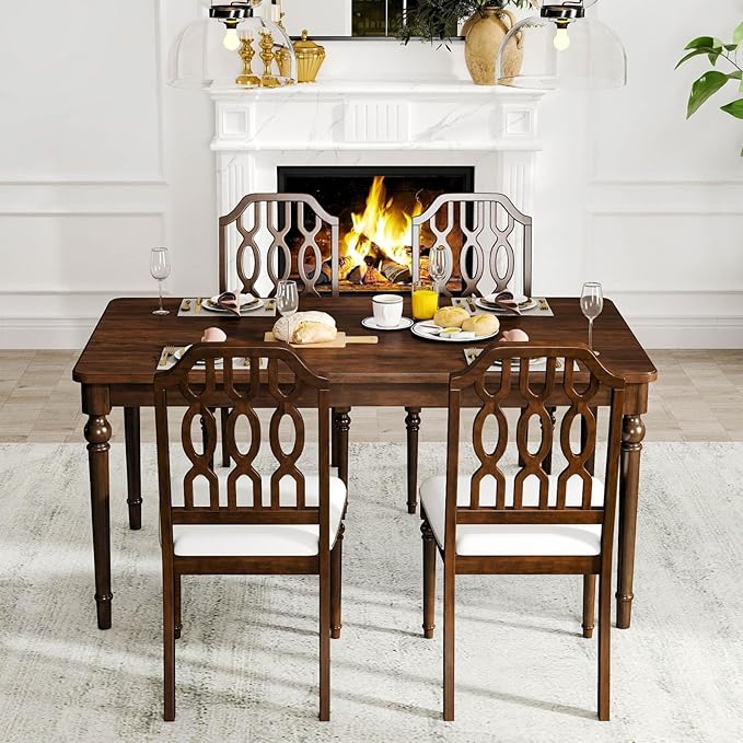 chairus Farmhouse Dining Chairs Set of 4, French Country Vintage Wooden Dining Room Chairs with Lattice Back & Turned Legs, Rustic Chenille Upholstered Nailhead Trim Side Kitchen Chairs, Walnut Brown