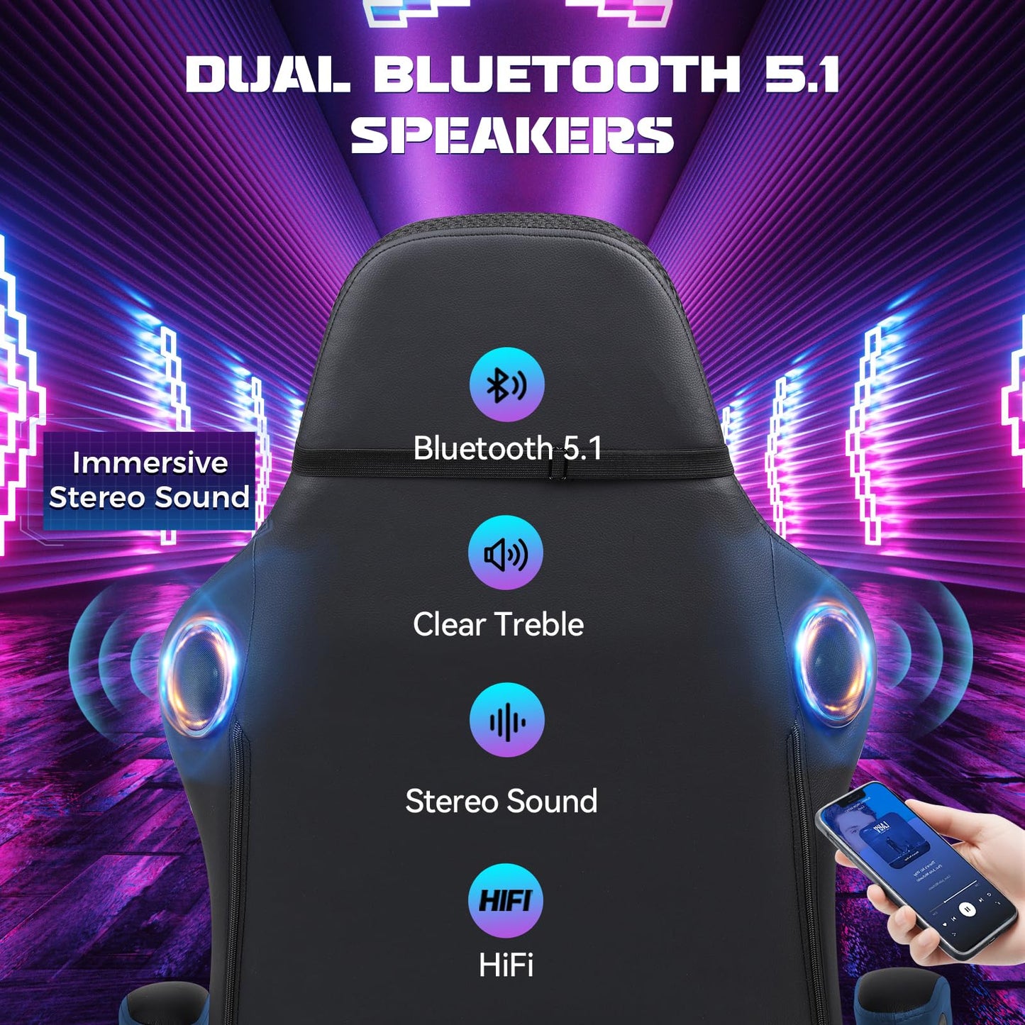 GTPLAYER Gaming Chair with Speakers, Computer Chair with RGB LED Lights, High Back Ergonomic Chair for Adults with Footrest, Reclining Office Chairs, Linkage Armrest, Black Blue