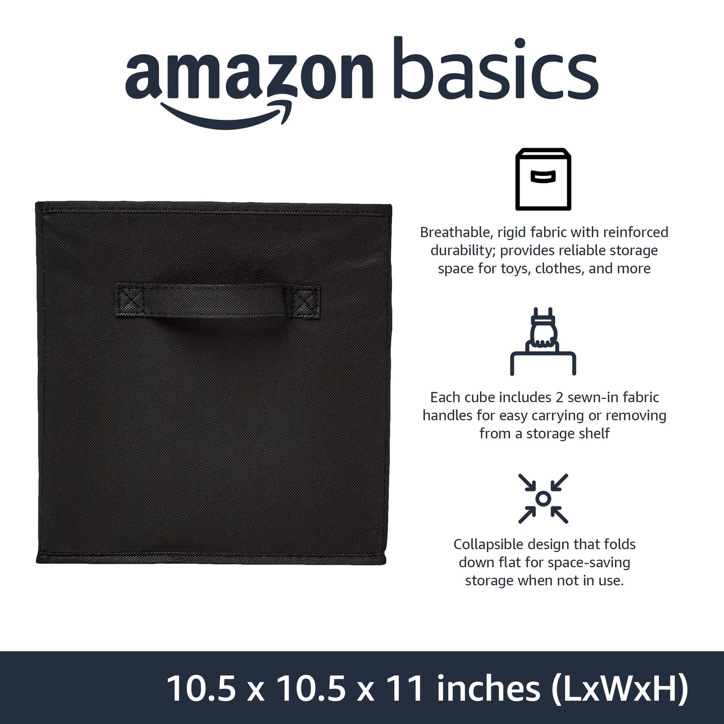 Amazon Basics Collapsible Fabric Storage Cubes Organizer with Handles, Sturdy, Black, 10.5-x-10.5-x-11-inch, Pack of 6