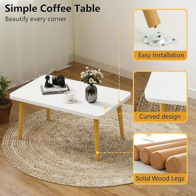 Funecy Coffee Table Low Table with Solid Wood Sturdy Legs, Floor Table Desk for Sitting on The Floor, Storage and Living Room Furniture (White-Square)