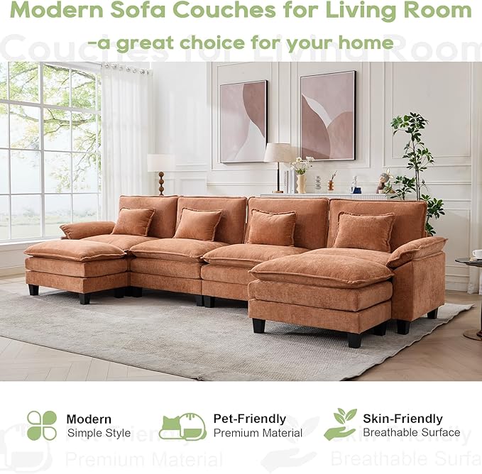 Oprisen 154" Modular Sectional Sofa, Comfy Cloud Couch Sectional Sofa with Ottoman, Chenille Sofa Sleeper Deep Seat Sofa with Throw Pillows for Living Room (Orange, 154"- U Shape)