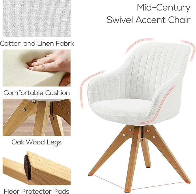 Art Leon Dining Chair, Mid Century Modern Fabric Upholstered Swivel Dining Room Chair with Oak Wood Legs, Leisure Side Chair with Arms for Living Room, Off White