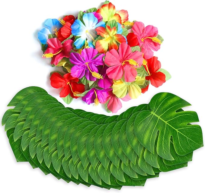 60Pcs Tropical Party Decorations Supplies Tropical Palm Leaves Hibiscus Flower Simulation Artificial Leaf for Hawaiian Lua...