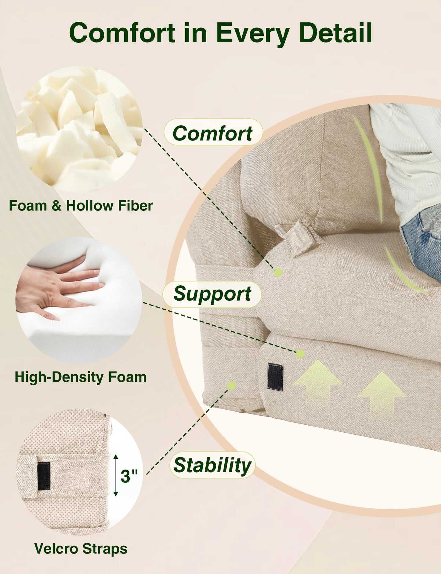 ZonLi Folding Sofa Bed,Convertible Futon Sofa Bed Mattress Sleeper Chair Single Size,Memory Foam Futon Sofa Couch with Washable Cover,for Living Room,Dorm (Beige, Single)