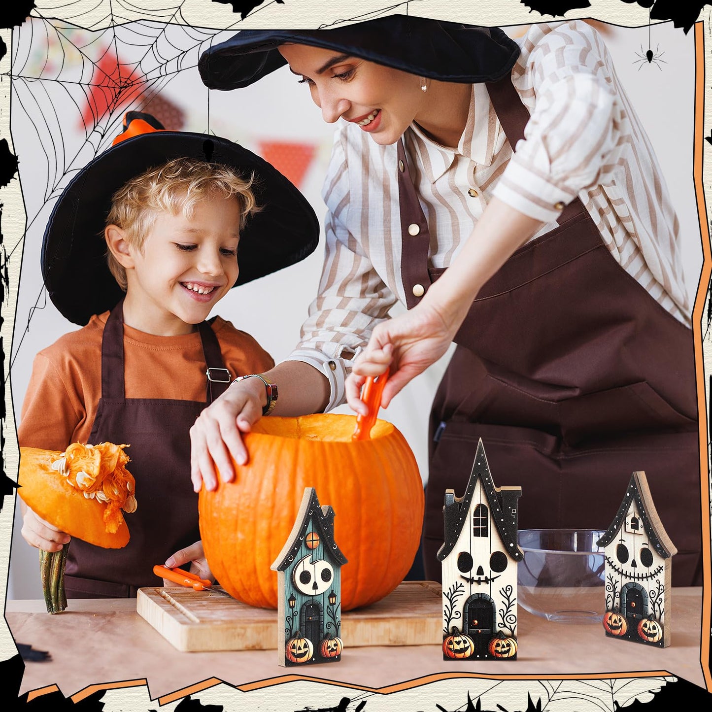 Redbaker 3 Pieces Halloween Table Decorations Haunted House Wooden Block Sign Halloween Tiered Tray Decor Rustic Farmhouse Pumpkin Ghost Centerpieces for Home Shelf Desk Mantel Tabletop Party Decor
