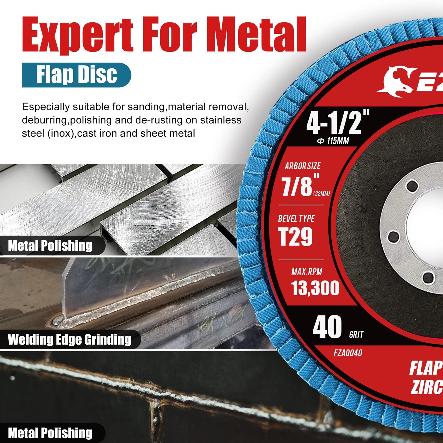 EZARC Flap Discs 40 Grit, 4 1/2 x 7/8-Inch Flap Sanding Disc, Type 29 Zirconia Grinding Wheel for Stainless Steel, Sheet Metal (10 Pack)