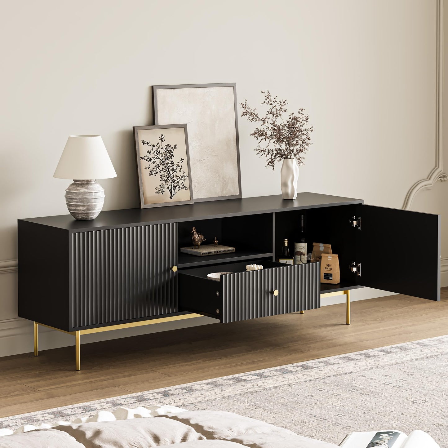MAISONARIA Fluted TV Stand, Modern TV Stand for 70 Inch TV, Entertainment Center with 2 Storage Cabinets, Fluted Panel Media Console for Living Room, Bedroom, Office, Black