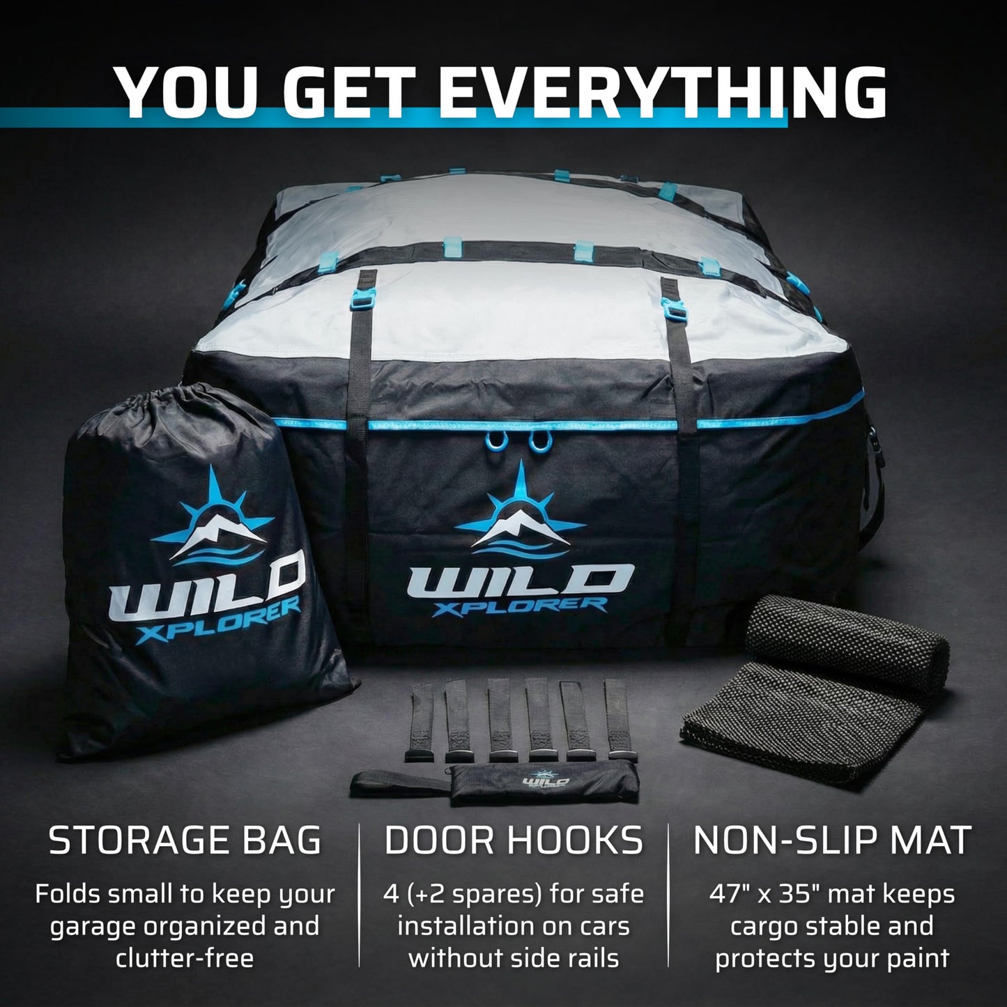 Wild Xplorer Rooftop Cargo Carrier - 19 Cubic Feet (XL), Waterproof Soft Shell Car Roof Cargo Carrier, Heavy Duty Car Top Luggage Cargo Bag with Patented Door Hooks and Non-Slip Mat