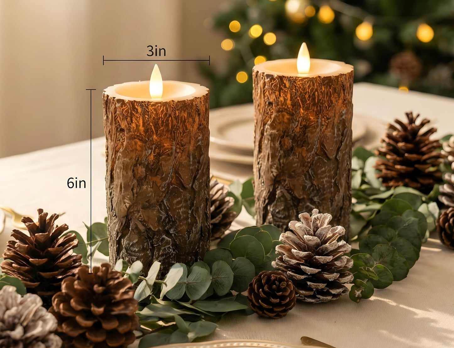 CozierGlow Pine Flameless Pillar Candles Flickering with Remote Timer, Battery Operated LED 3D Moving Flame Real Wax Candles, Set of 2, D3 x H6,Remote Included (Pine)