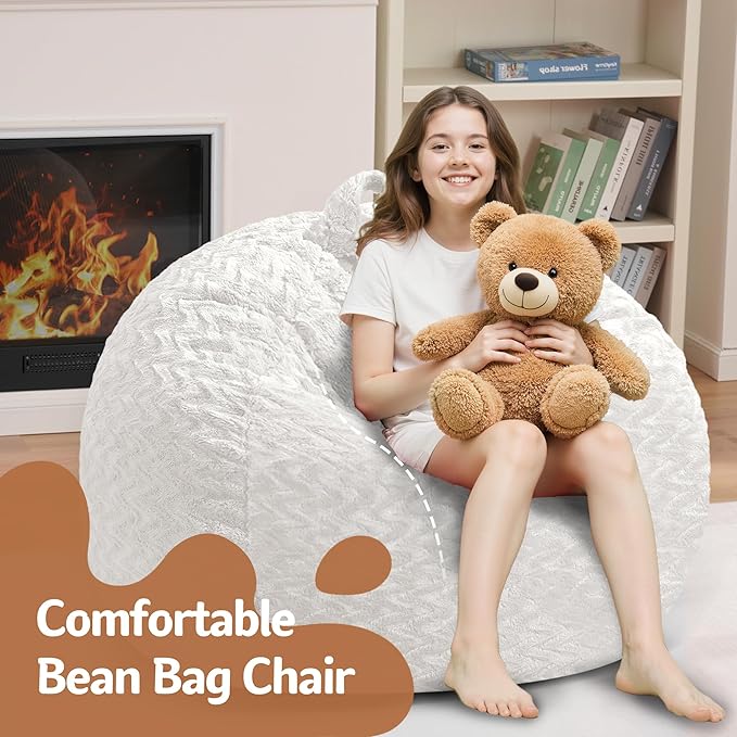 2FT Bean Bag Chair,Giant Bean Bag Chairs for Adults,Big Bean Bags with Memory Foam Filled, Large Beanbag Chairs with Chevron Plush Cover-White