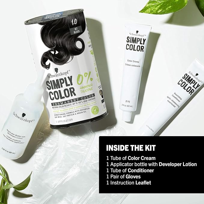 Schwarzkopf Simply Color Permanent Hair Dye, 1.0 Jet Black, Long-Lasting with Nourishing Ingredients, No Ammonia or Silicone, All Hair Types