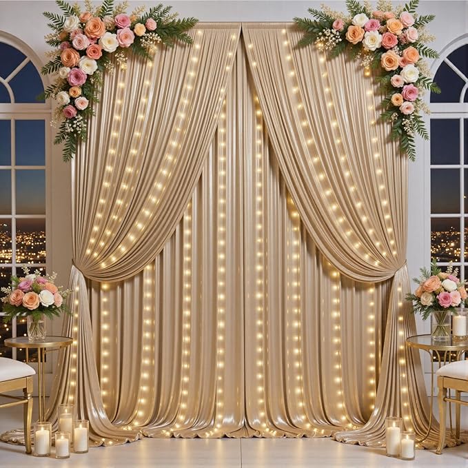 Outpain 10x10ft Champagne Sequin Backdrop Curtains with Light -Lighted Up Champagne Photo Backdrops with Non-Shedding Glit...