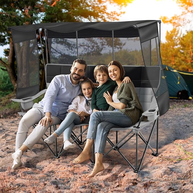 Teenyyou 3 Person Camping Chair with Canopy Shade Fully Padded Folding Outdoor Oversized Sofa, Heavy Duty Couch with Cup Holder and Carry Bag (Black and Grey,3 Person,Canopy Camp Chair)