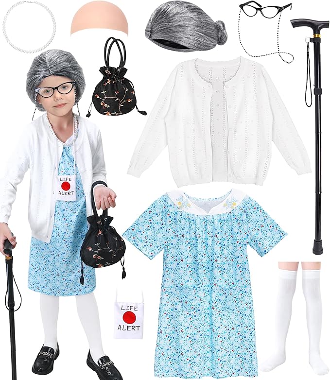 Boutrele 11 Pcs Old Lady Costume for Kids,100 Days of School Costume Girls,Grandma Costumes for Kids Accessories