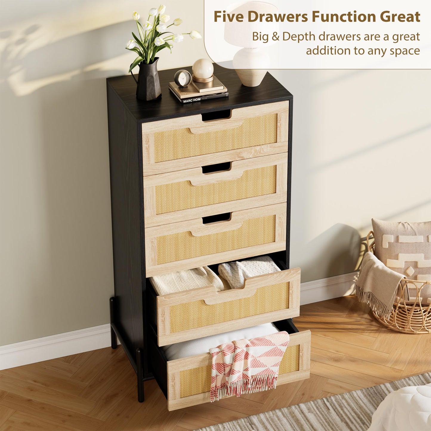GarveeHome Natural Rattan 5 Drawer Dresser, Wooden Chest of Drawer, Farmhouse Storage Cabinet with Solid Metal Legs, Modern Storage Unit for Bedroom, Living Room, Entryway, Black