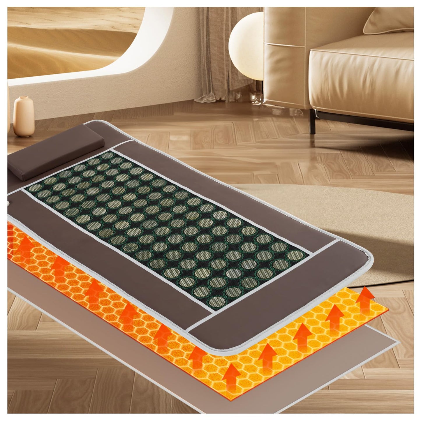 Far Infrared Heating Pad - Flexible Mat, Hot Stones Jade Tourmaline, Therapy Healing Jade Mattress (67”x27.5”,Brown)