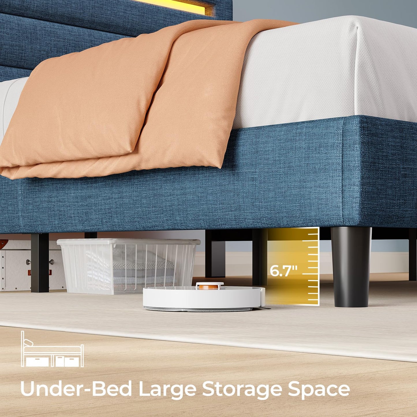 Rolanstar Twin Size Bed Frame, Storage Headboard with Charging Station and LED Lights, Upholstered Bed with Heavy Duty Wood Slats, No Box Spring Needed, Noise Free, Easy Assembly, Blue