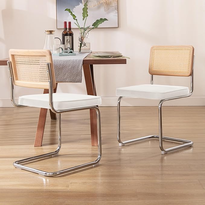 Zesthouse Natural Rattan Dining Chairs Set of 2, Modern Dining Room Chairs with Solid Wood Back for Kitchen Living Room, Mid Century Breuer Design Inspired, Upholstered Velvet Fabric, White