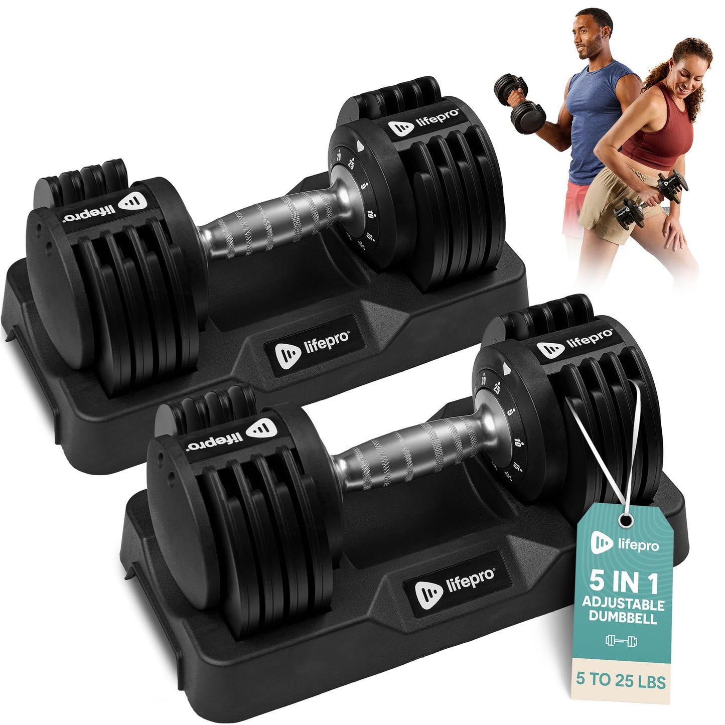 Lifepro Powerup Plus Adjustable Dumbbell Set — 5-25 lb with Twist-Select & Non-Slip Handle — Space-Saving Weights for Home Gym Strength Training