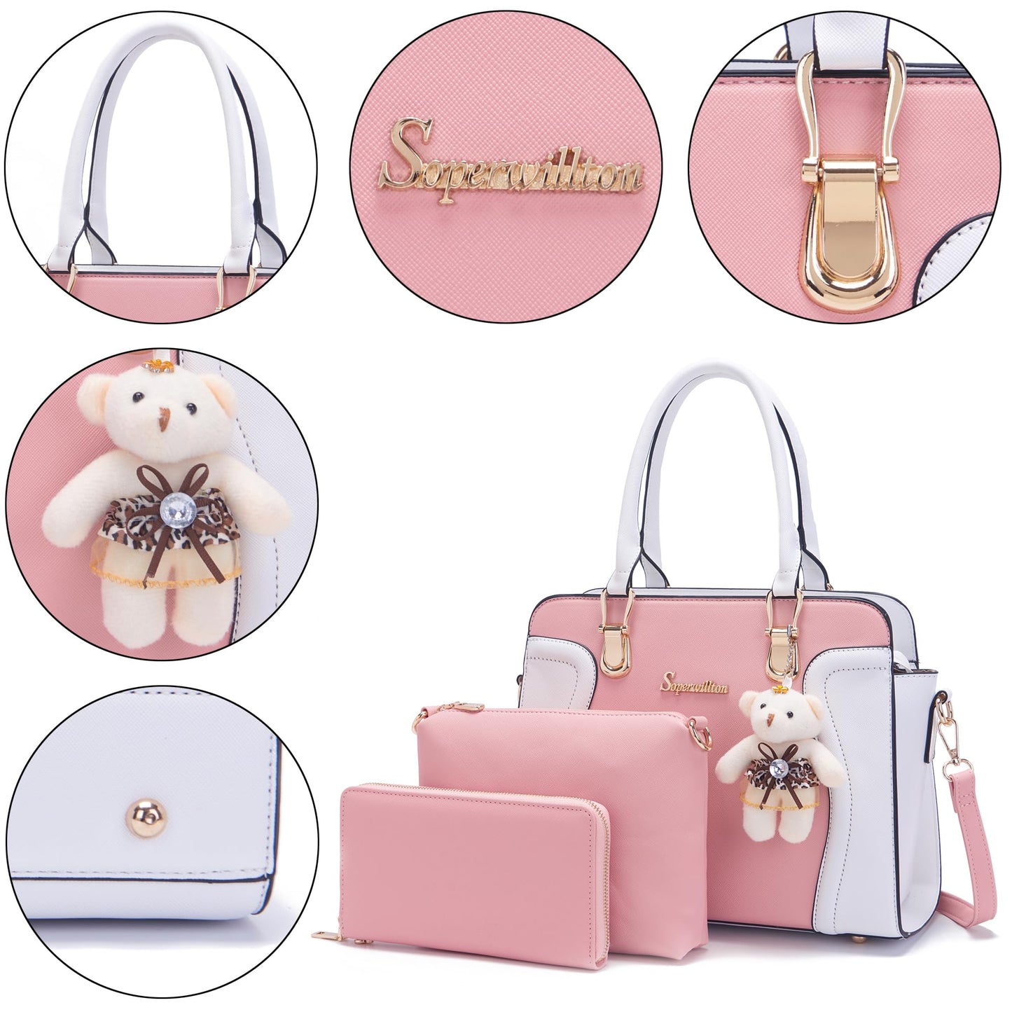 Soperwillton Purses for Women Crossbody Shoulder Handbags Top Handle Satchel Tote Bag Wallet Set 3pcs