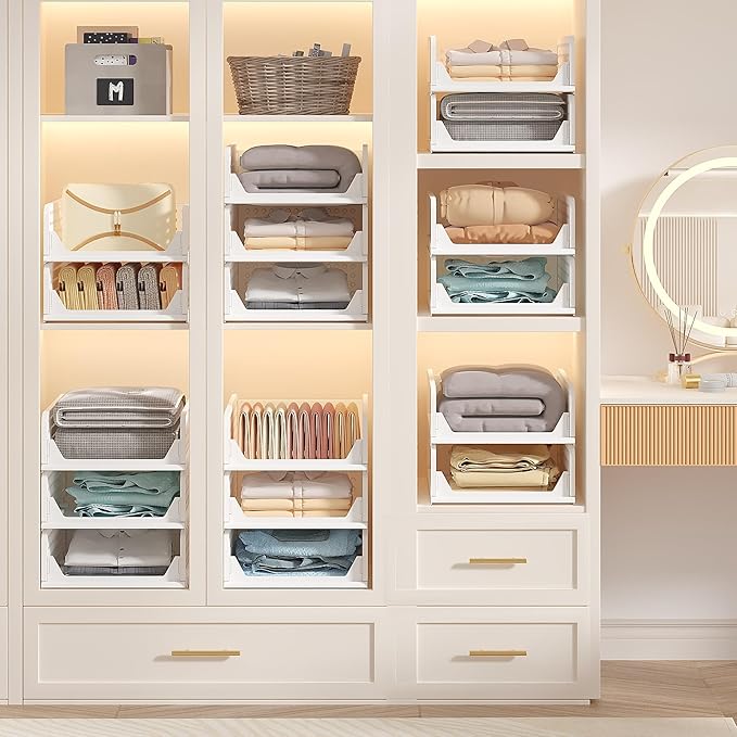 VECELO 4 Pack Plastic Closet Shelf Organizer, Stackable Sweater Storage Closet Drawers, Foldable Wardrobe Organizer, Easy Assembly, Durable and Space Saving for Closet, Bathroom, Kitchen, Gray