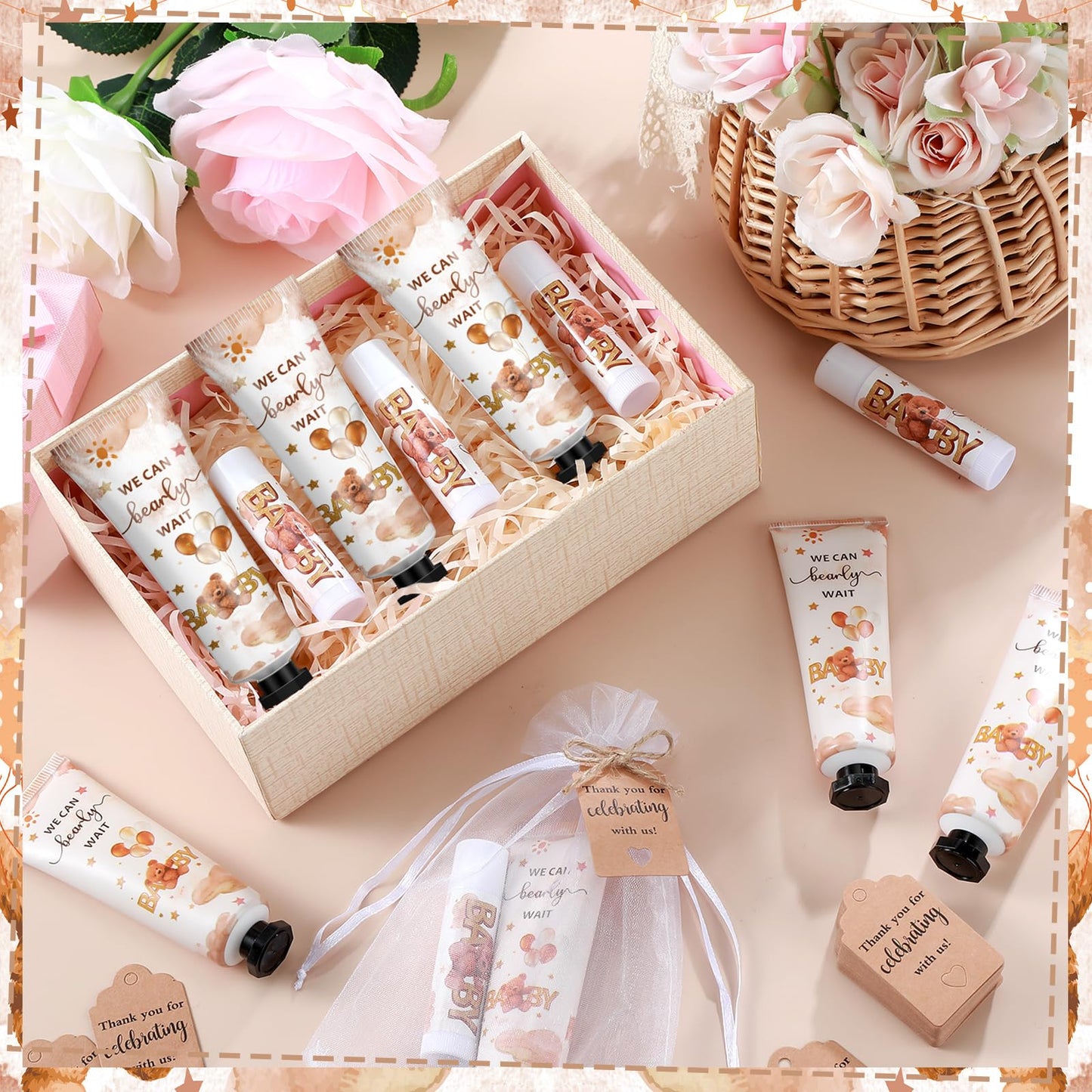 Dimsile 50 Sets 200 Pcs Baby Shower Hand Lotion and Lip Balm Gift Theme Baby Shower Party Favors Travel Size Hand Lotion and Lip