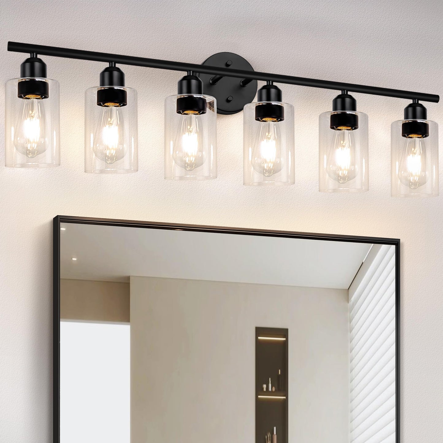 Espird 6 Lights Bathroom Vanity Light Fixtures Matte Black,Rustic Farmhouse Vanity Lighting Over Mirror Modern Industrial Lamp with Cylinder Glass Shade UL Certified