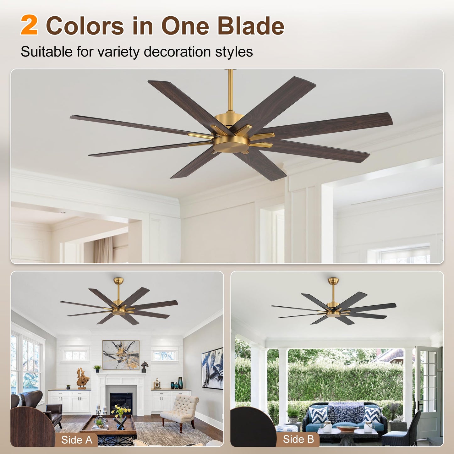 WINGBO 64 Inch Ceiling Fan without Light - 8 Plywood Blades, 6-Speed Reversible DC Motor, Noiseless Remote Control Ceiling Fan No Light for Bedroom Living Room Kitchen, Gold and Walnut/Black