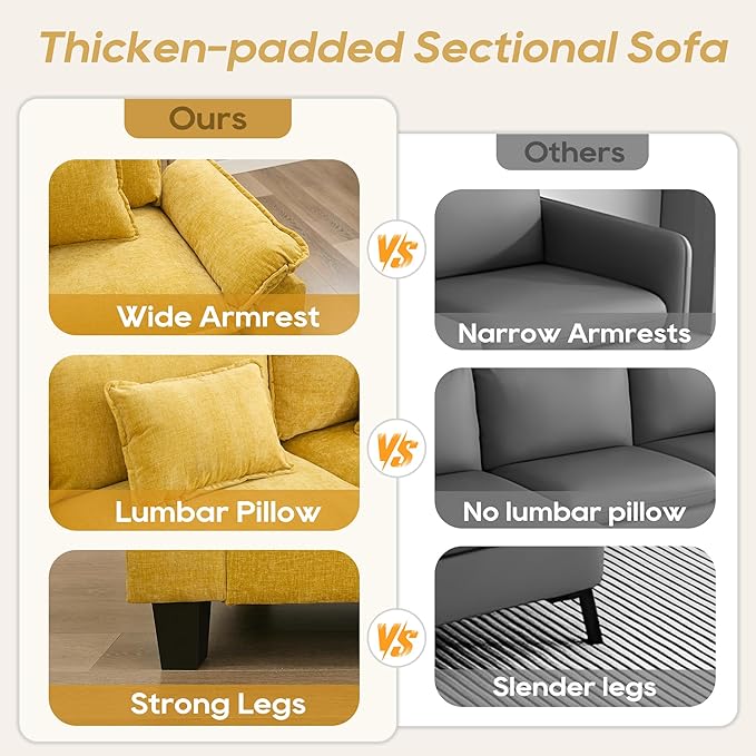 URRED Cloud Couch Modular Sectional Sofa, 116" Modern L Shaped Deep Seat Sofa with Pillows, Ultra Comfy Chenille Corner Couches for Living Room, Bedroom or Apartment, Yellow