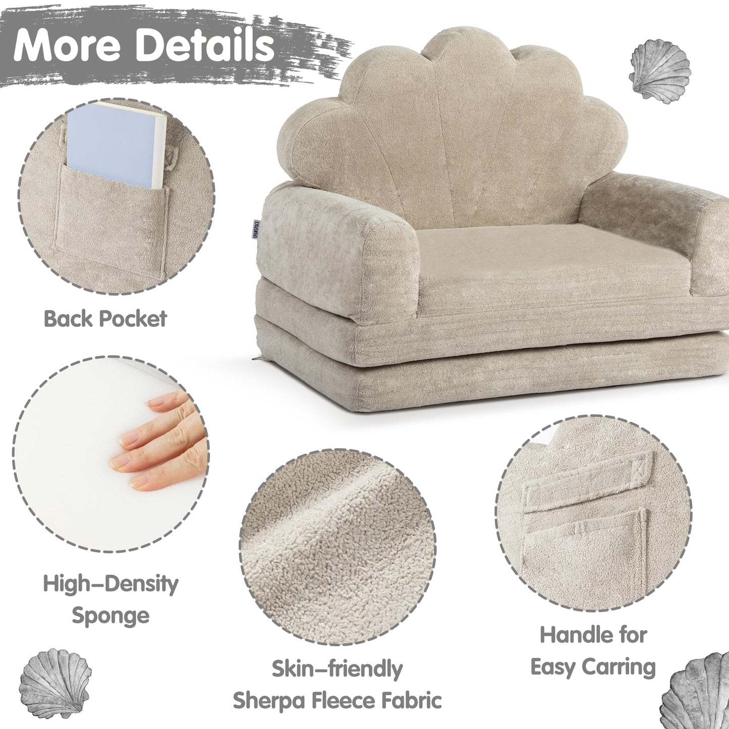 spanspace 2-in-1 Kids Couch, Toddler Couch Fold Out, Comfy Toddler Chair, Convertible Kids Sofa to Lounger with Pocket and Removable Cover
