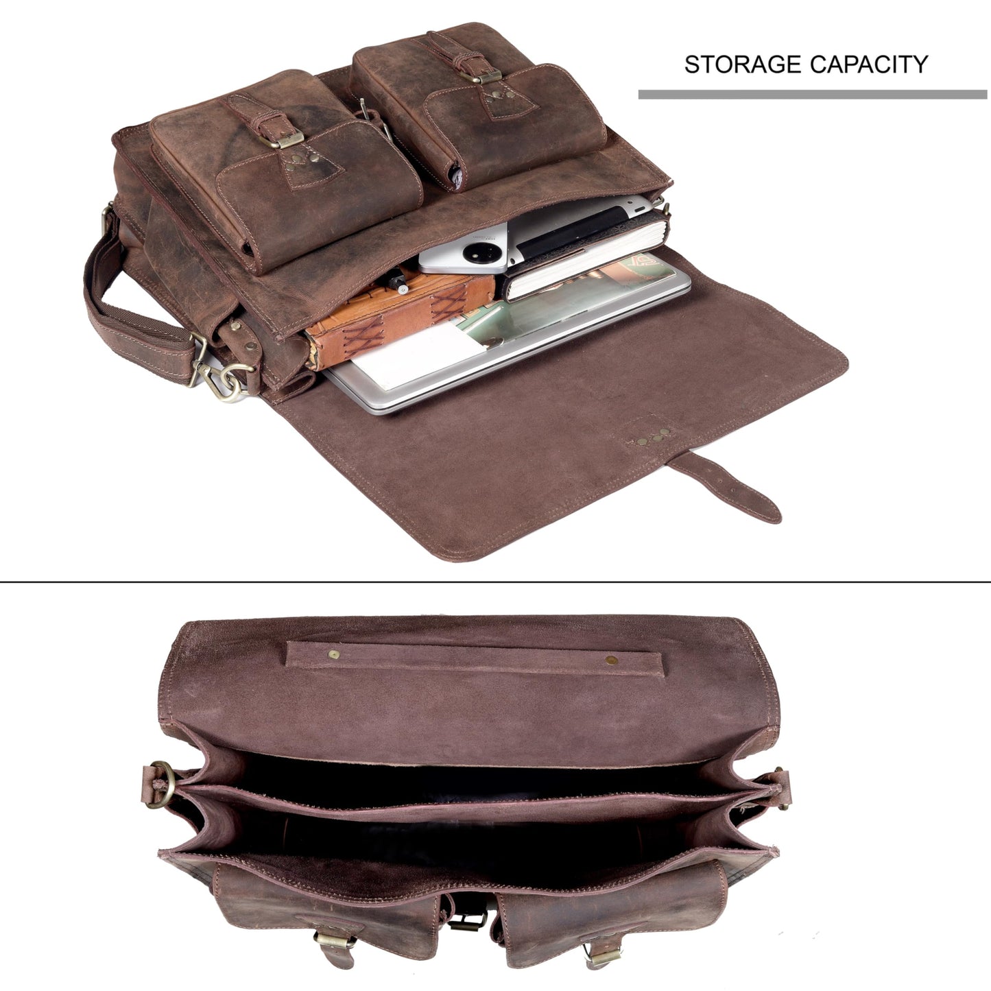 Vintage Leather Messenger Bag for Men & Women, Multi-Pocket Briefcase Satchel, 16 Inch Laptop Shoulder Bag – Brown (Vintage Brown, 18 inch Large)