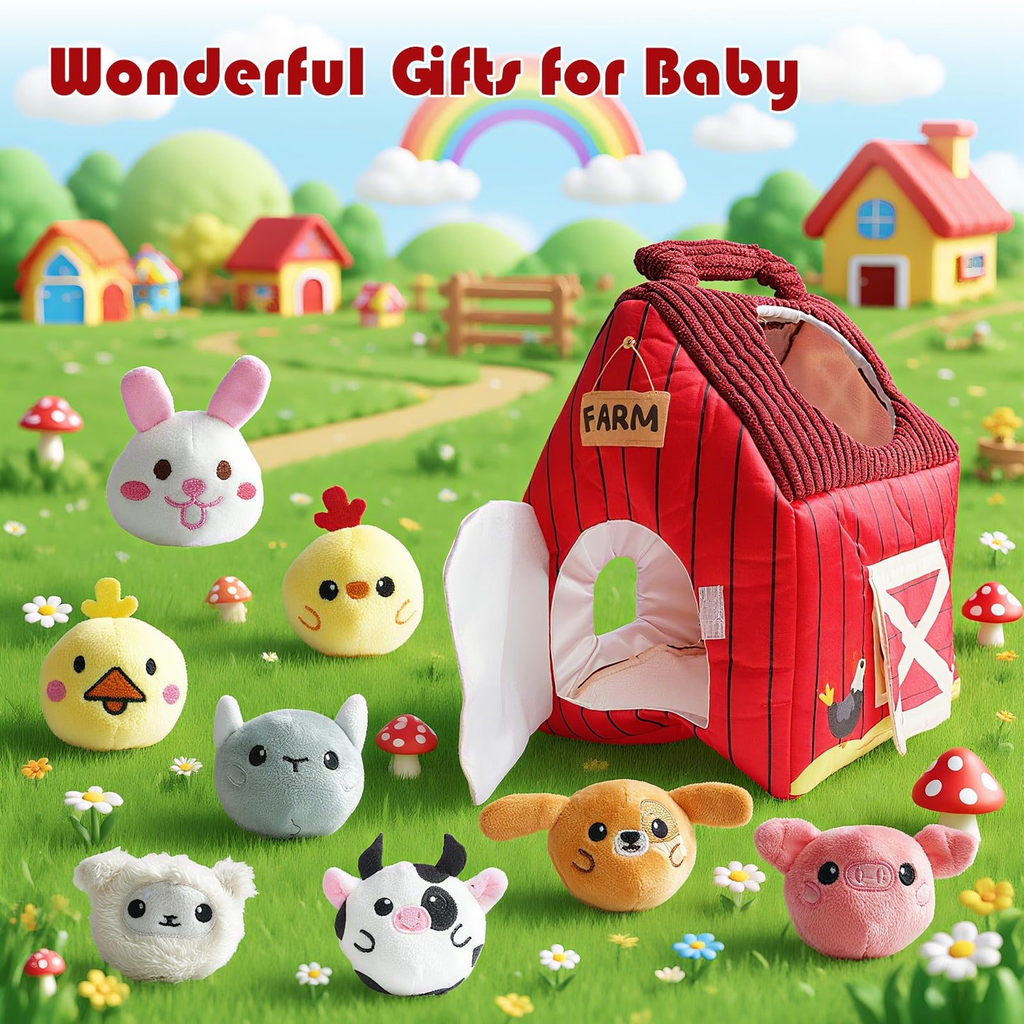 YideOtmz Baby Montessori Toys 6-12 Months, Busy Sensory Toys for Toddlers 1-3, Plush Big Red Barn with Stuffed Farm Animals, Rattle, Crinkle,Christmas Easter Birthday Gifts for Baby Boys Girls
