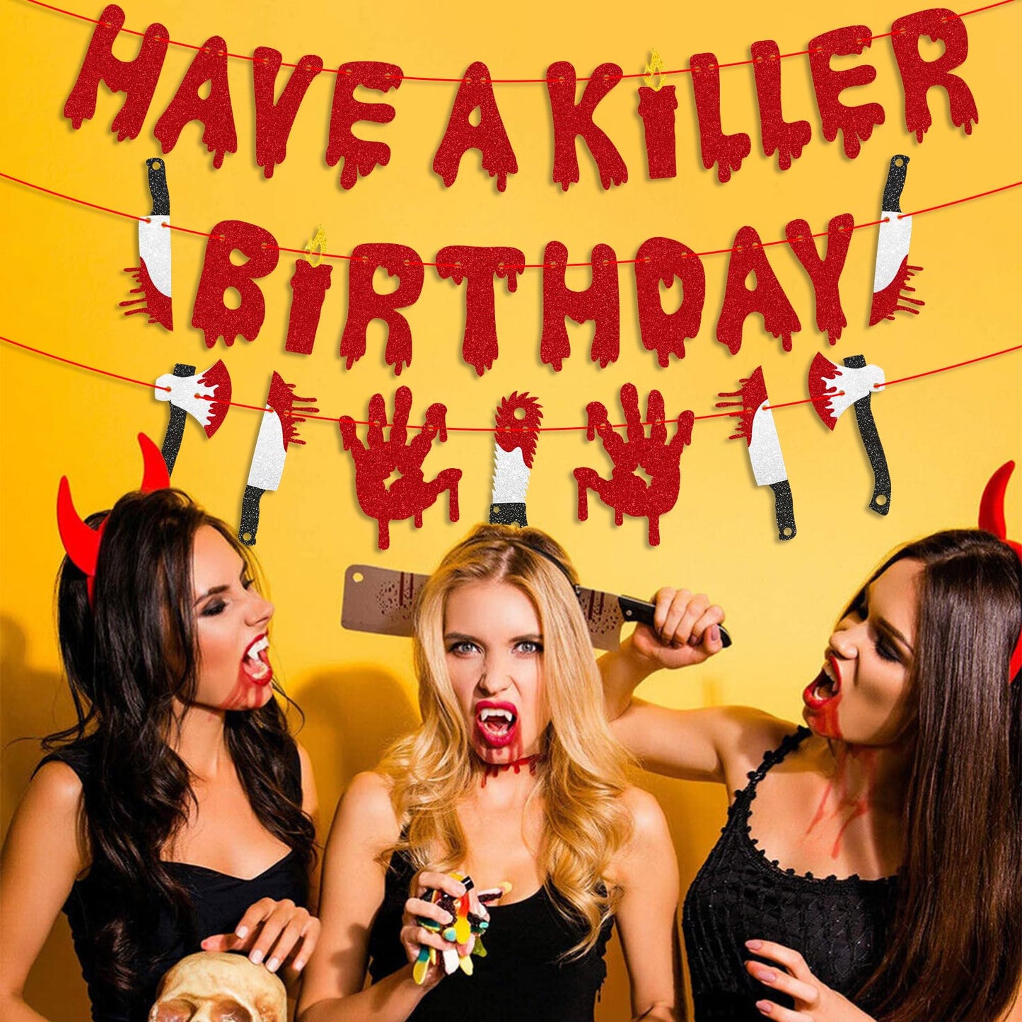 Stcomart Pre-Strung 6ft Glitter Have a Killer Birthday Banner for Halloween Birthday Party Decorations, Scary Bloody Halloween Decorations, Red