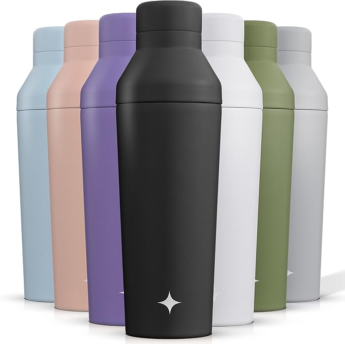 JoyJolt Triple Insulated Cocktail/Protein Shaker Bottle. 20oz Shaker Cup with Alcohol Measure Lid and Jigger Cap. 12hr Ice...