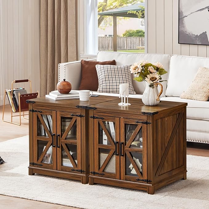 Joaxswe Farmhouse End Table with Charging Station, 24" Large Sofa Side Table with Glass Barn Door, Nightstand with Adjustable Storage Shelf,Wood Square Bedside Table for Living Room,Bedroom